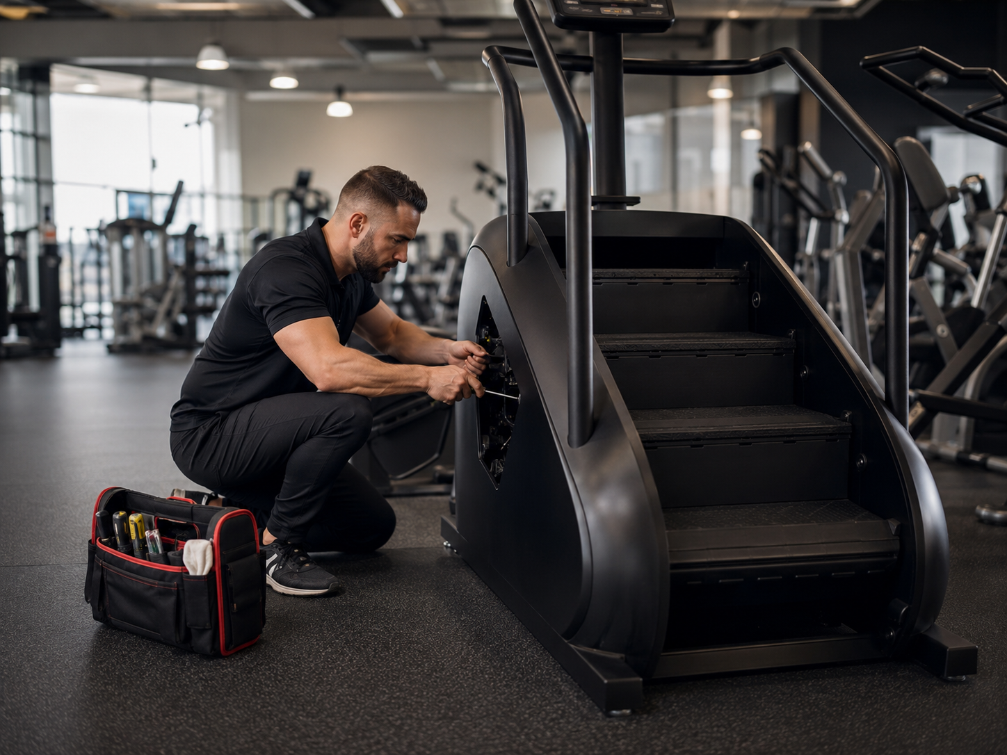 IONGymTech technician repairing a commercial stepmill