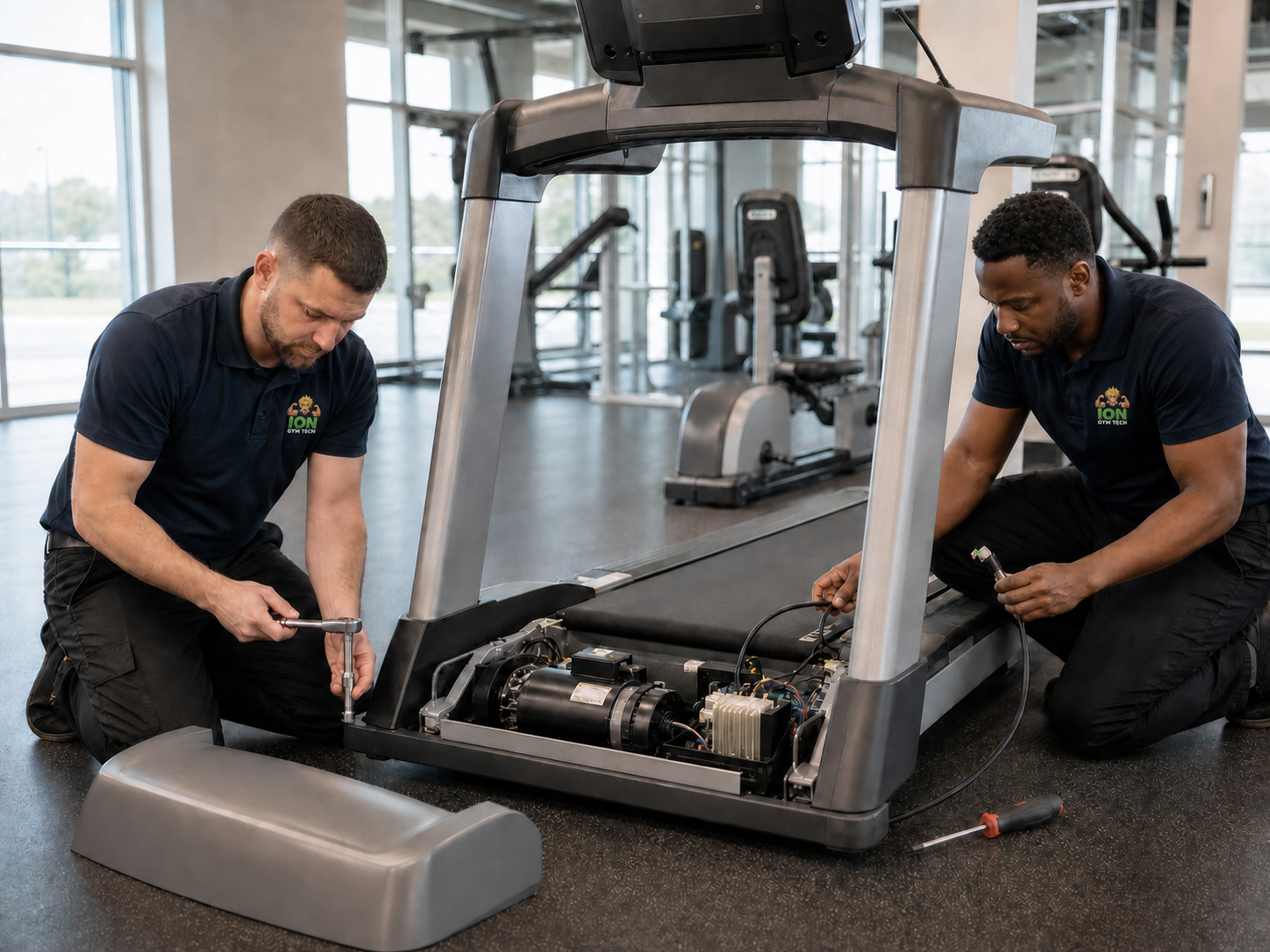 Two IONGymTech technicians assembling a commercial treadmill in a modern fitness facility