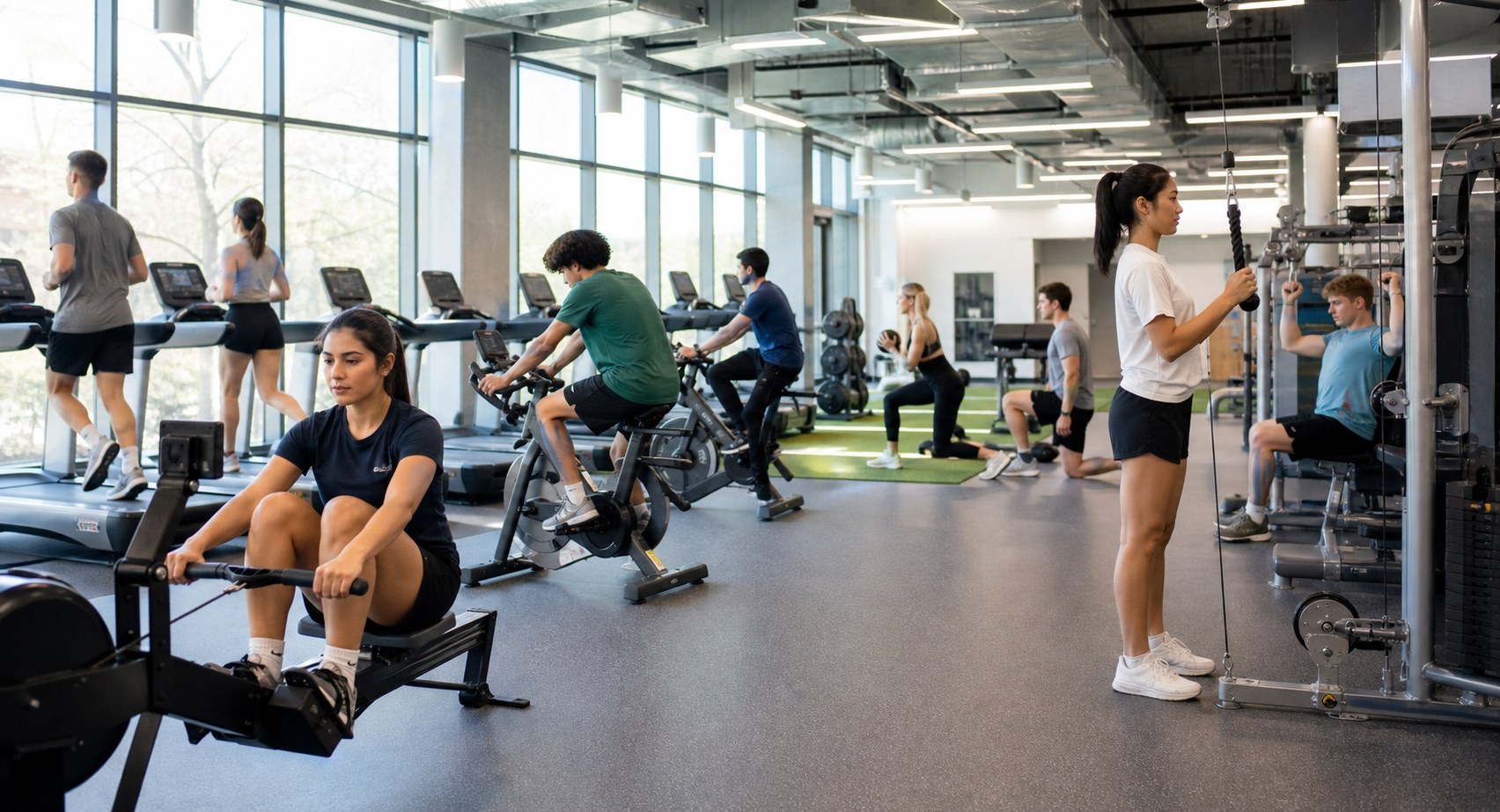 Female and male college students exercising in a modern campus recreation center
