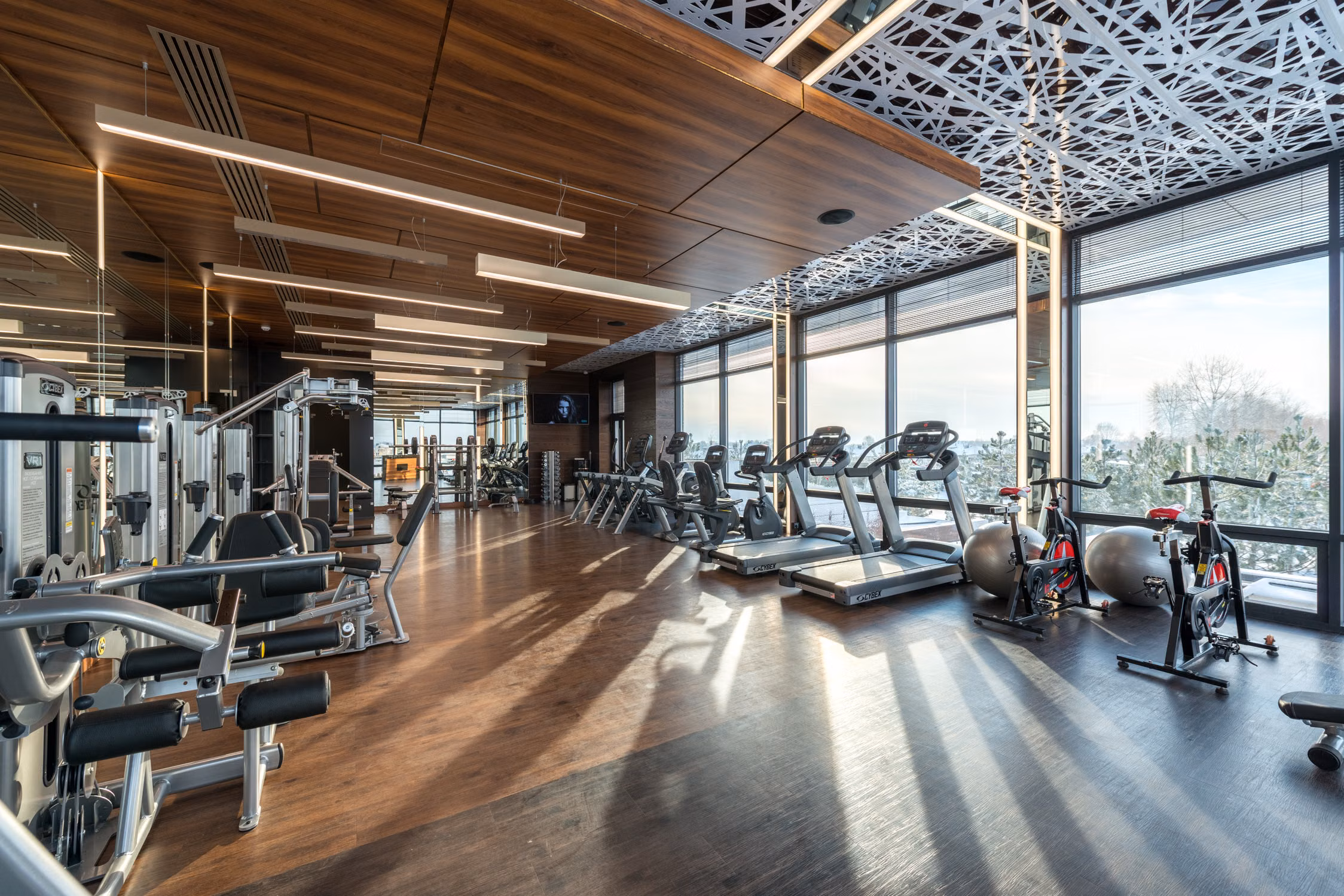 Sunlit corporate wellness center with cardio and strength equipment