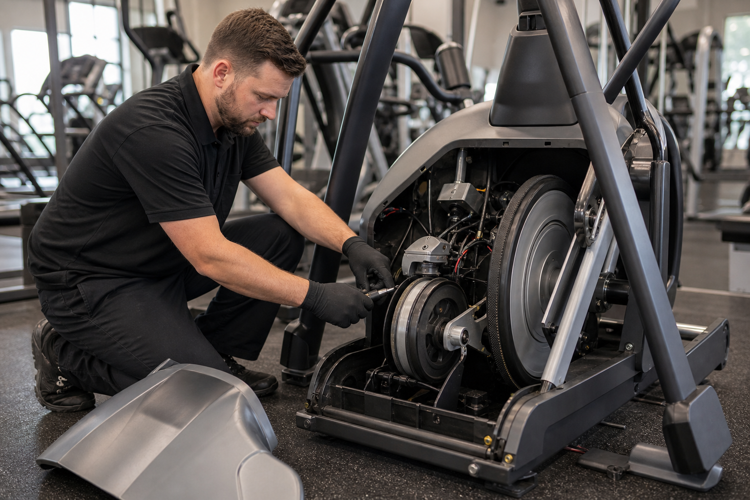 IONGymTech technician repairing the drive system of a commercial elliptical