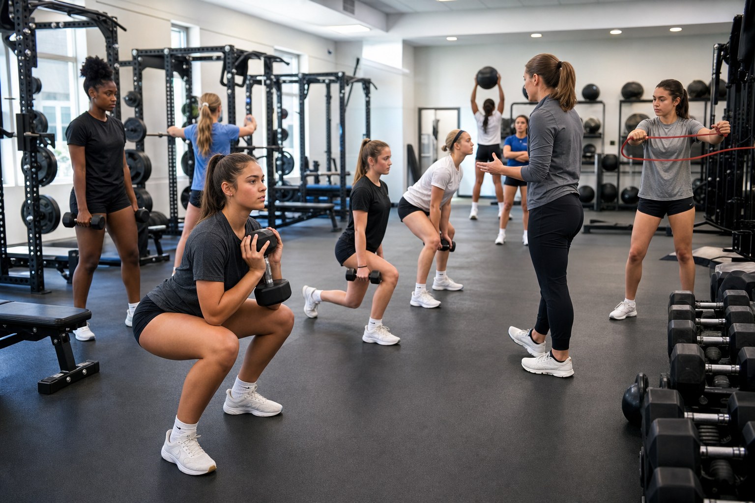 Girls high school sports team completing a supervised strength and conditioning workout