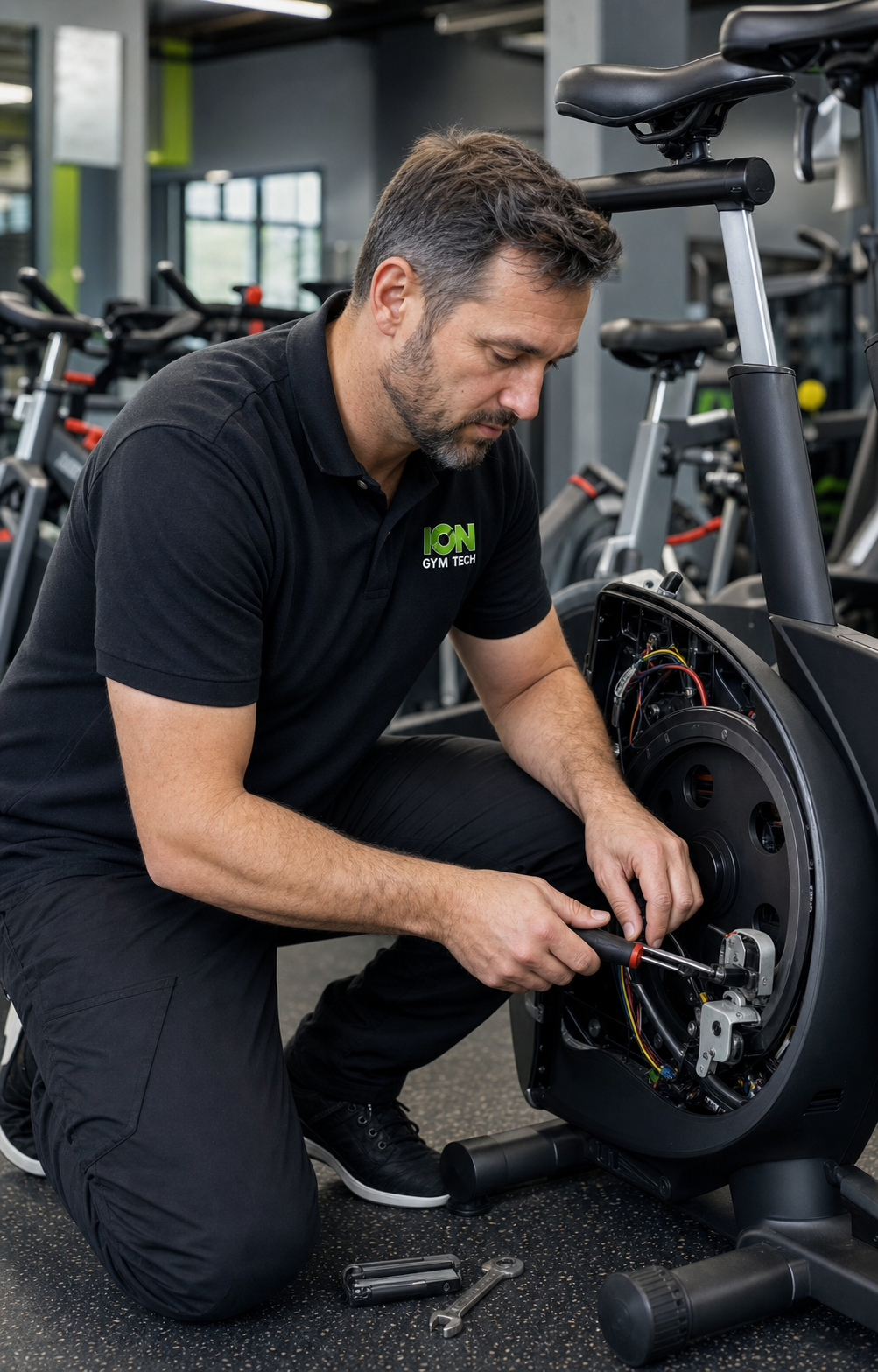 IONGymTech technician servicing a commercial exercise bike