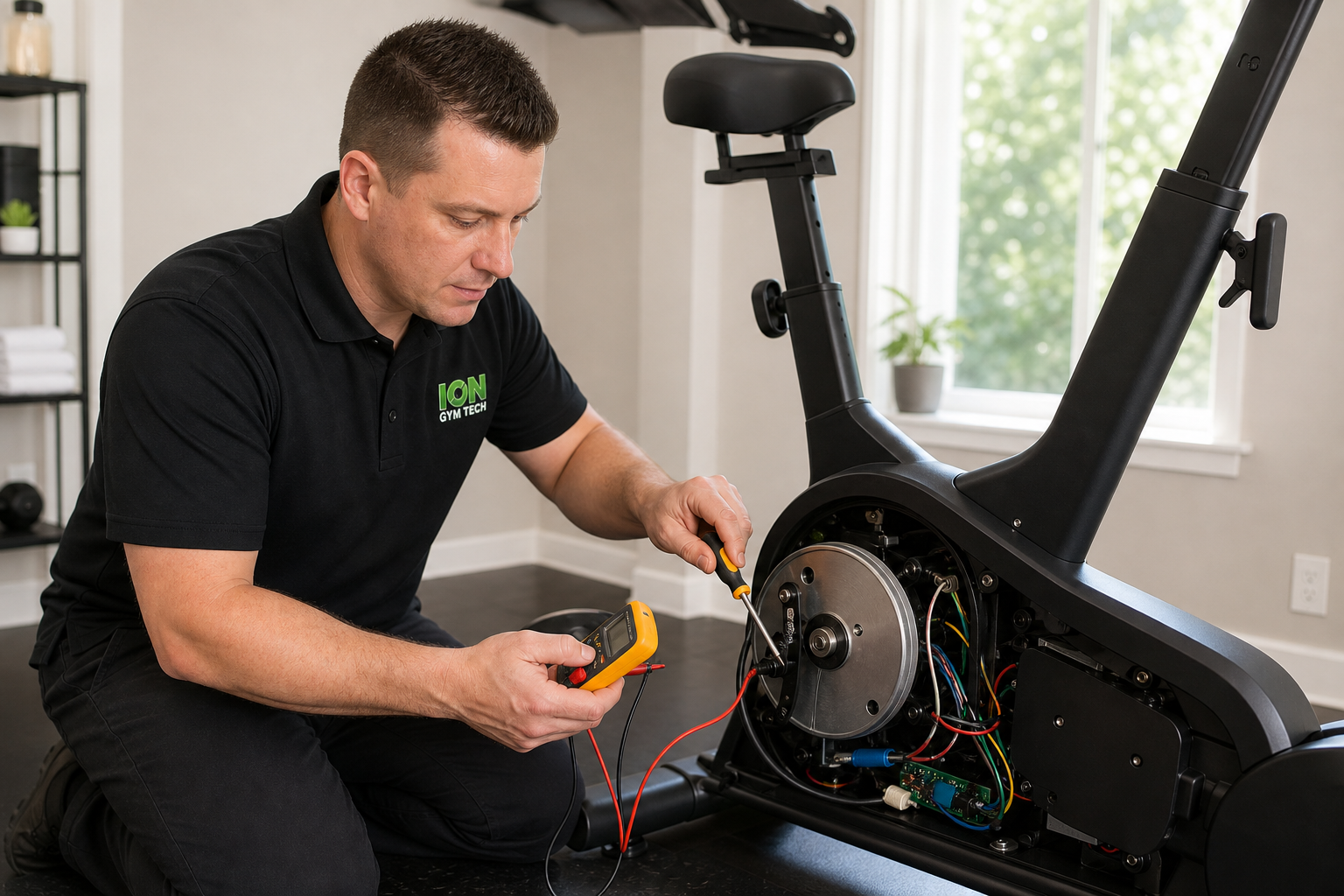 IONGymTech technician inspecting an exercise bike during preventative maintenance