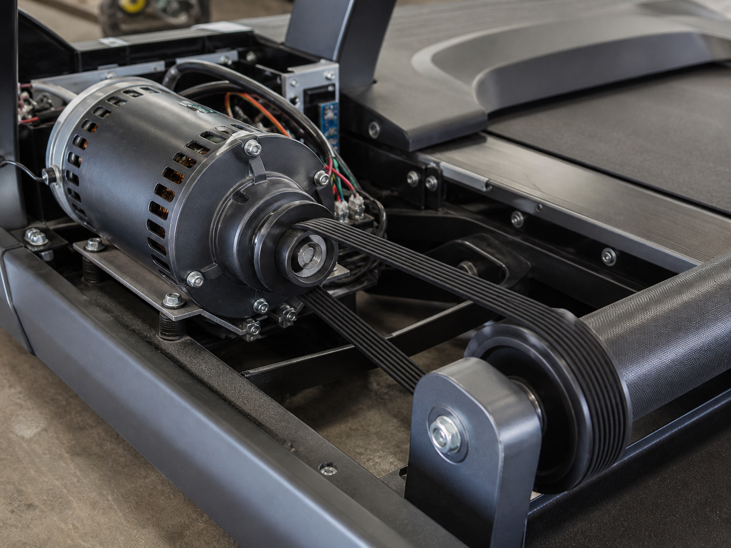 Treadmill drive motor, drive belt, motor pulley, and front roller pulley