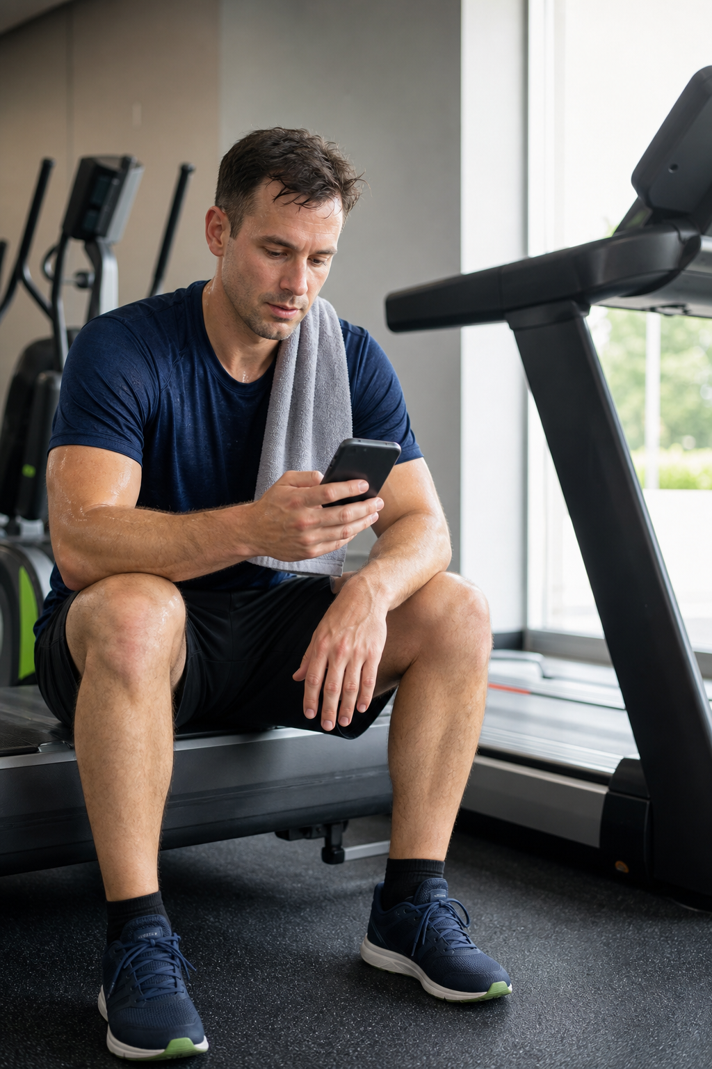 Gym member using a smartphone beside a treadmill after a workout