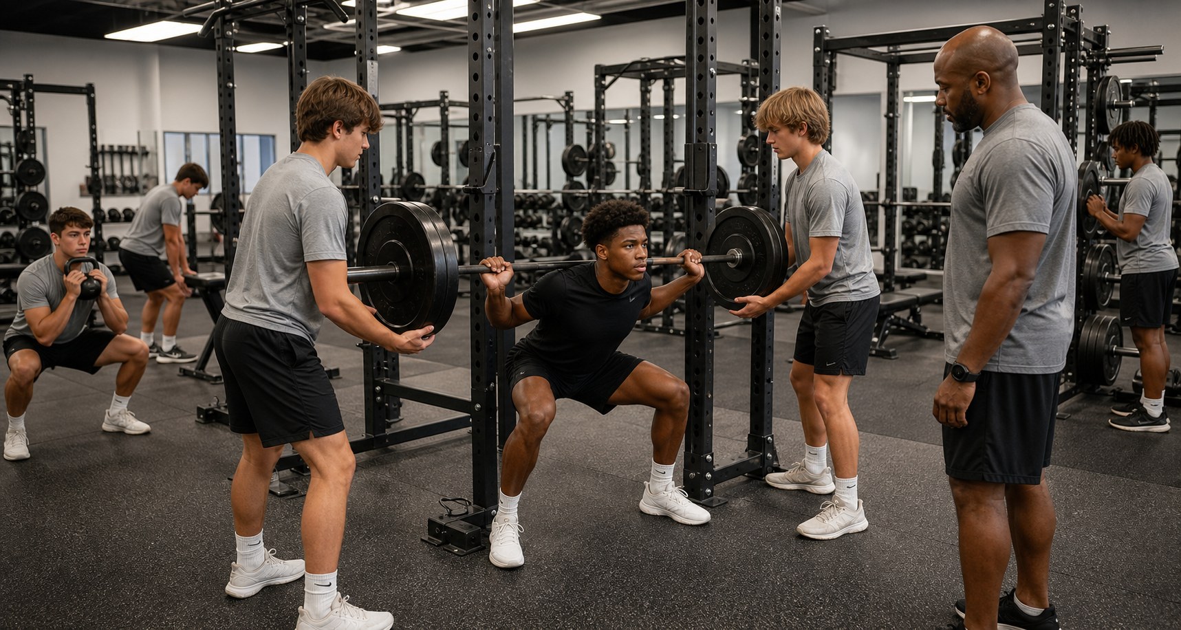 High school football athletes performing supervised squat training in a school weight room