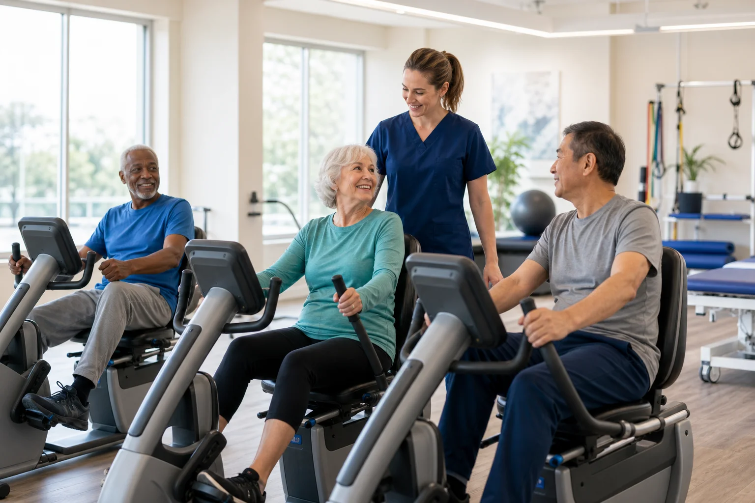 Older adults using rehabilitation cardio equipment with therapist supervision