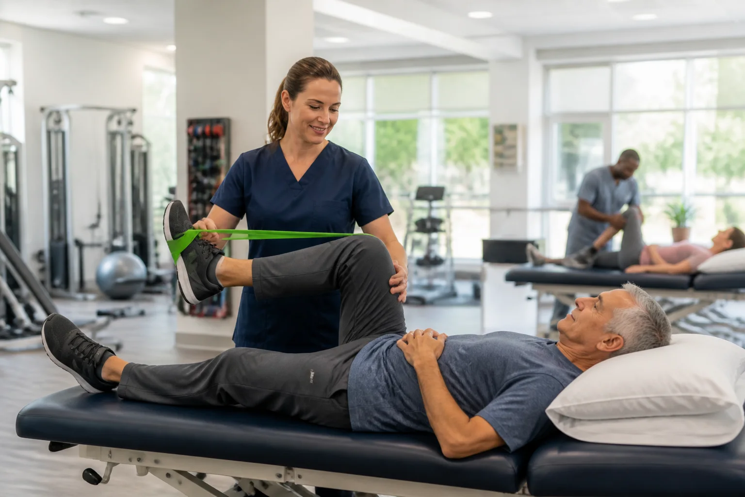 Physical therapist guiding an older adult through resistance-band leg rehabilitation